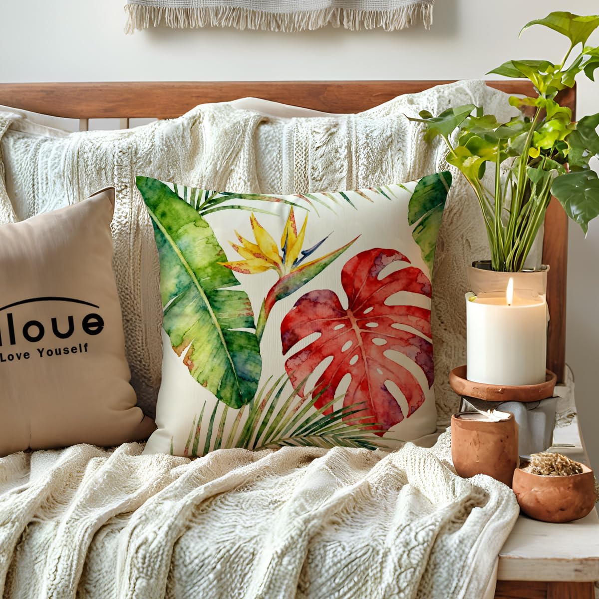 ULOVE LOVE YOURSELF Monstera Leaf Pillow Covers 2Pack Tropical Bird of Paradise Cushion Covers Botanical-Themed Decorative Pillowcases 18×18 Inch for Sofa Couch Porch Patio(Yellow/Red)