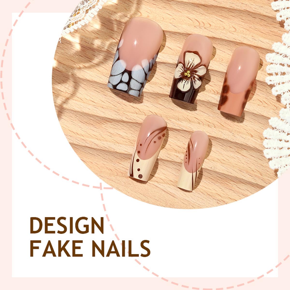 French Tip Press on Nails Long Square Fake Nails 3D Flowers Glue on Nails with Marble, Polka Dot Designs Full Cover Glossy False Nail Press ons Stick on Nail for Women Manicure 24Pcs