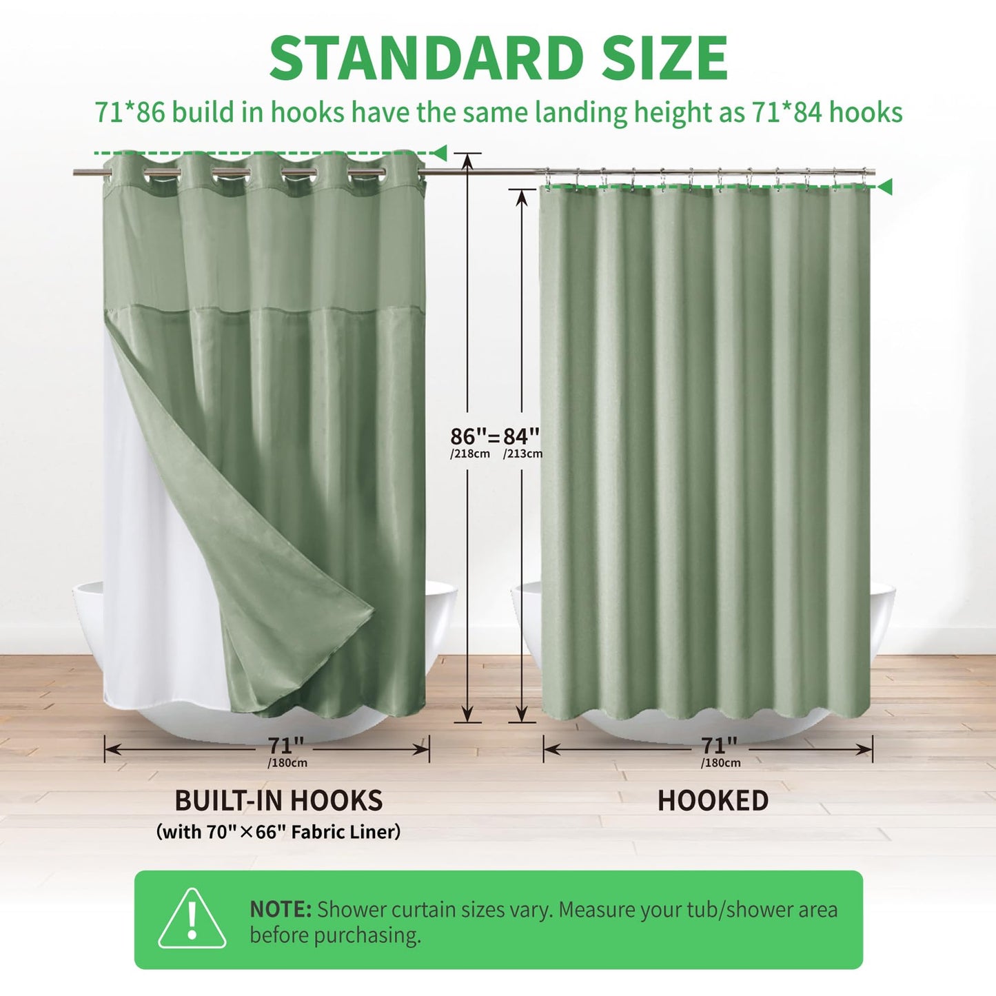 eachope Extra Long No Hook Shower Curtain with Snap-in Fabric Liner Set,Boho Arch Textured Fabric Fabric Shower Curtain for Bathroom with Sheer Window,Waterproof & Washable,71 x 86,Green