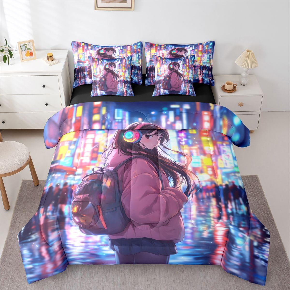 Erosebridal Cool Anime Girl Bedding Set Japanese Style Kids Full Comforter Set 7 Piece 3D Cartoon Girly Anime Bed in A Bag Sci Fi Style Gaming Sheet Set with Comforter Room Decor