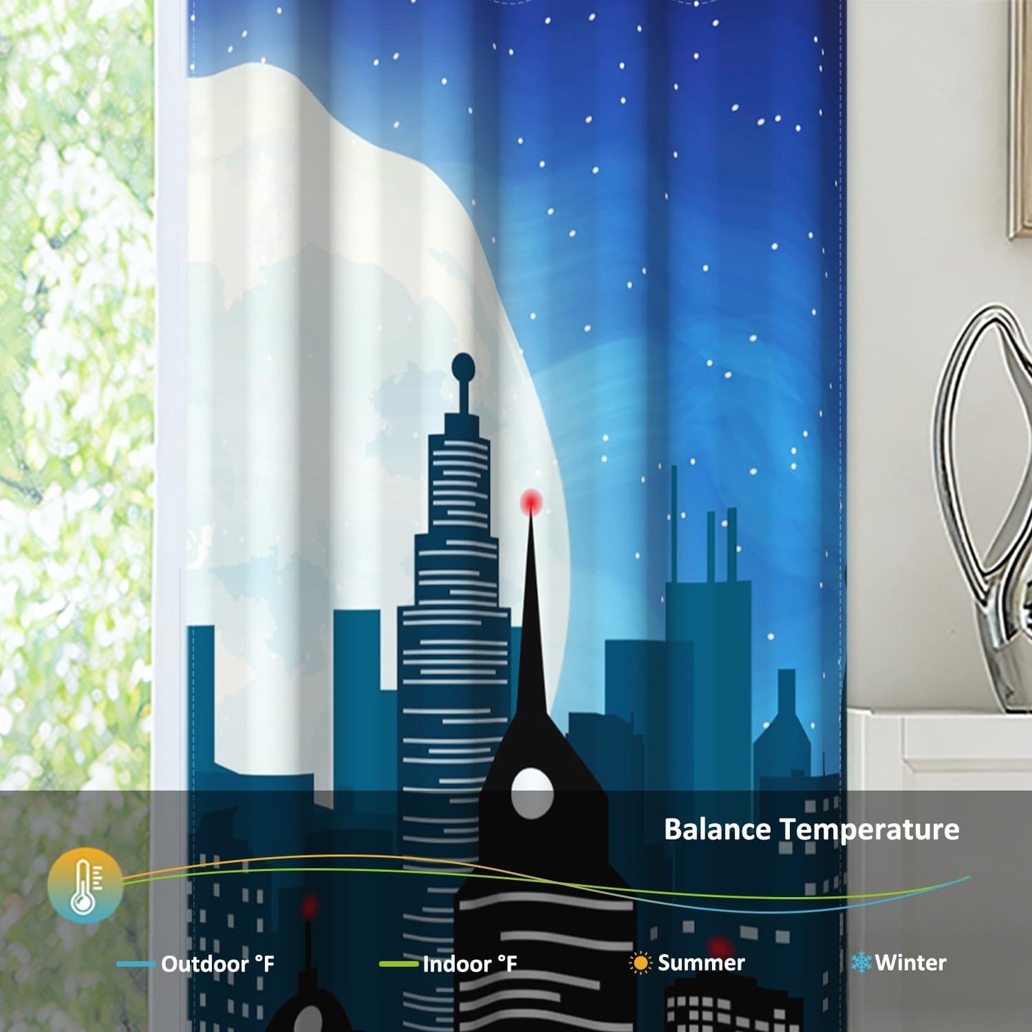 TTQYFNM Cartoon Super City Blackout Curtains Urban Night Moon Skyline City Buildings Window Drapes Superhero Cityscape Window Curtain Treatments for Kids Bedroom Living Room 2 Panel Set,42x63inch