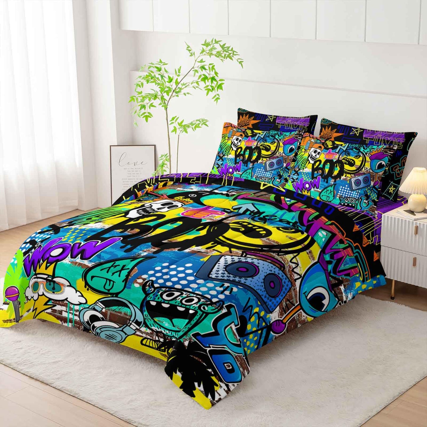 AILONEN Cartoon Skull Bedding Set Full Size 7Pcs - Hip Hop Graffiti Bed in a Bag Soft Microfiber,Colorful Comforter & Fitted Sheet & Flat Sheet & 2 Pillowcases,2 Pillow Shams