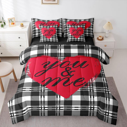 You and Me Bed in a Bag Queen Comforter Set 7-Piece | Valentines Day Decorations Bedding Sets Black and White Grid Comforter and Sheet Set, Geometric Checkerboard Lattice Buffalo Plaid Room Decor
