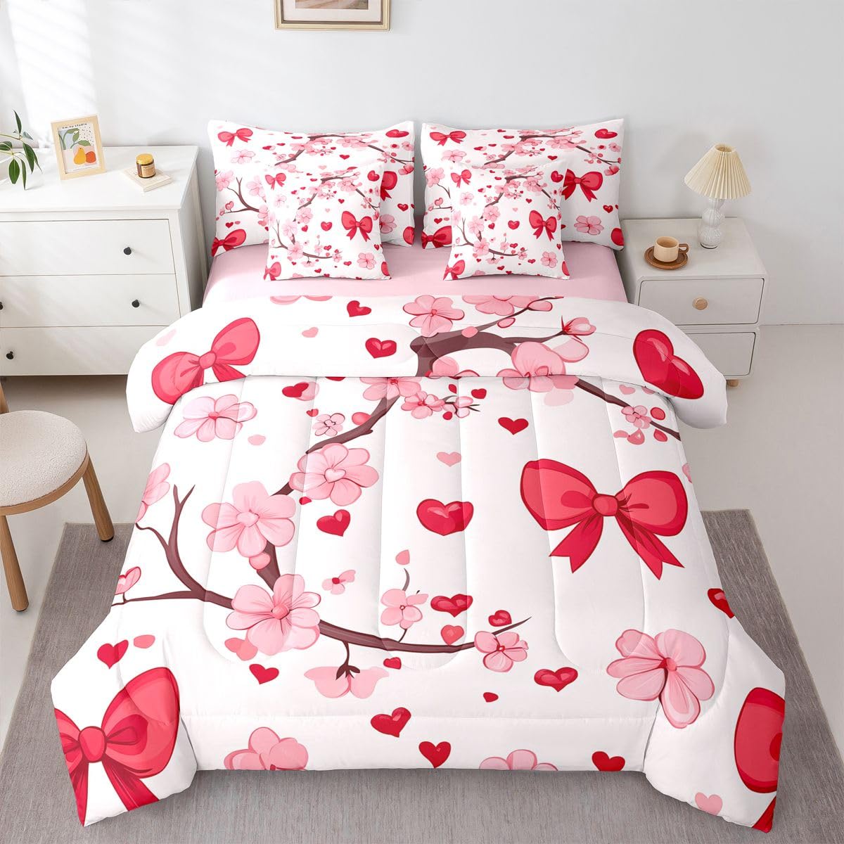 Erosebridal Pink Bowknot Queen Size Comforter Set,Cherry Blossom 7-Piece Bed in A Bag,Bowtie Heart Pattern Sheets and Pillowcases,Japanese Flower Pink Floral Branch Bedding Set Room Decor