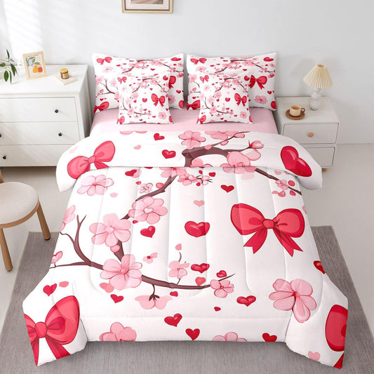 Erosebridal Pink Bowknot Queen Size Comforter Set,Cherry Blossom 7-Piece Bed in A Bag,Bowtie Heart Pattern Sheets and Pillowcases,Japanese Flower Pink Floral Branch Bedding Set Room Decor