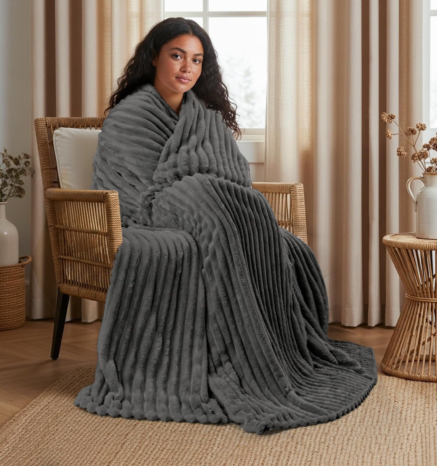 Utopia Bedding Grey Striped Fleece Blanket Throw Size – Fluffy, Warm & Lightweight Ribbed Throw for Bed, Sofa & Chair - Soft Cozy Blanket for Home Décor & Gifting (50x60 Inches)