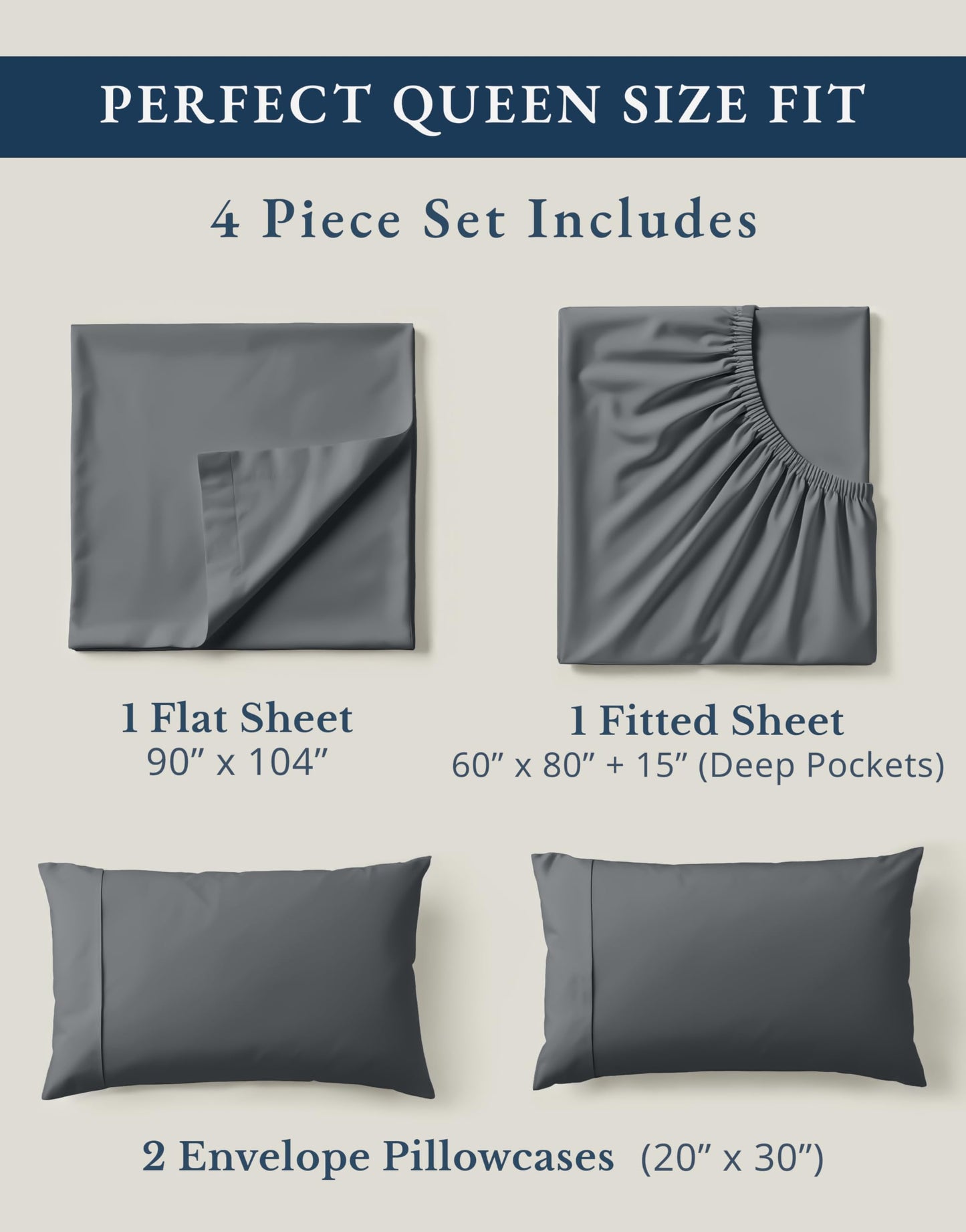 LANE LINEN Queen Sheet Set 100% Organic Cotton GOTS Certified Percale Weave Deep Pocket 4 Piece Soft Breathable Cooling Lightweight All Season Machine Washable Crisp - Charcoal
