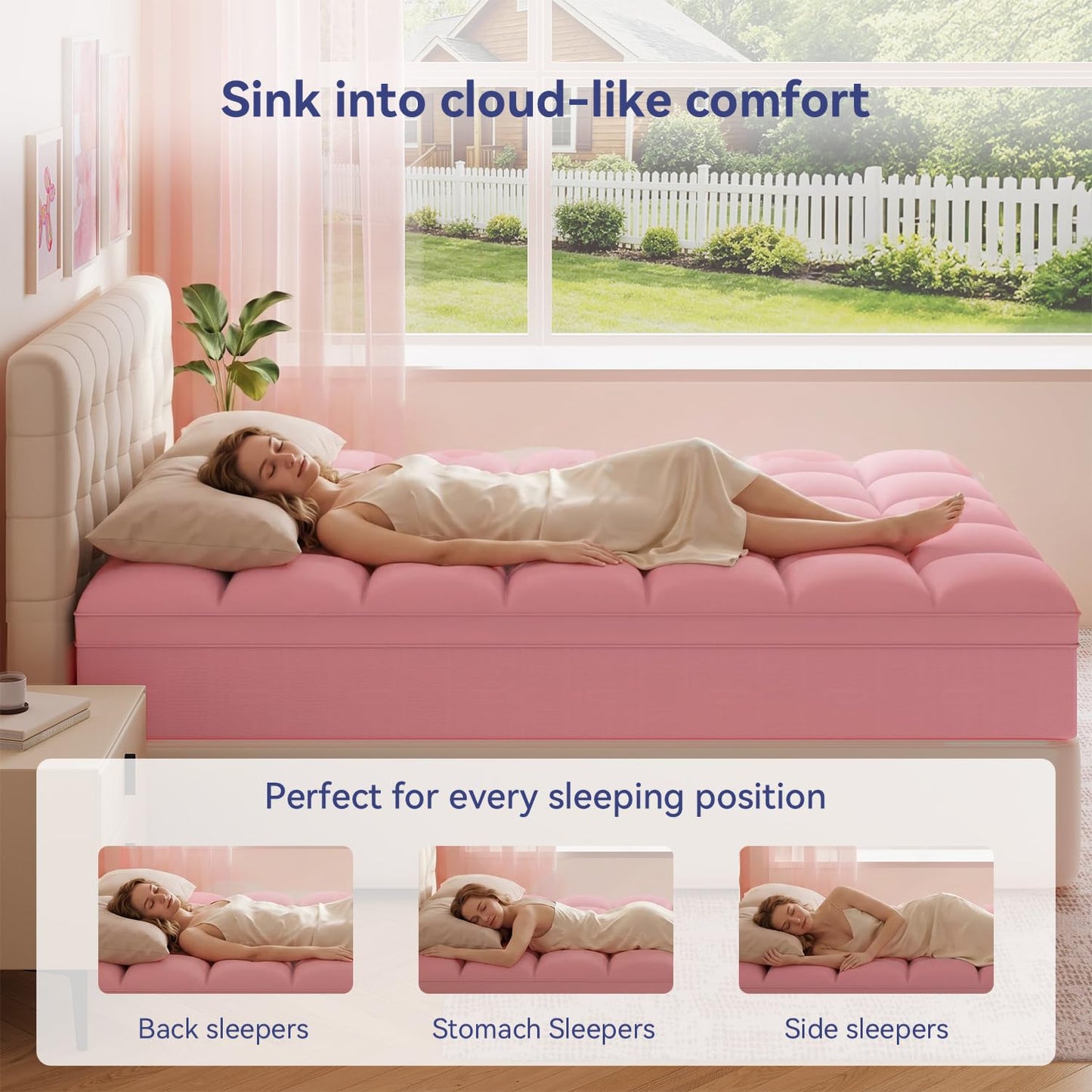 ELEMUSE Pink Queen Mattress Topper for Bed, Extra Thick Pillow Top Mattress Pad with Plush Comfort, Designed for Couples & Everyday Sleep, Bedroom Upgrade