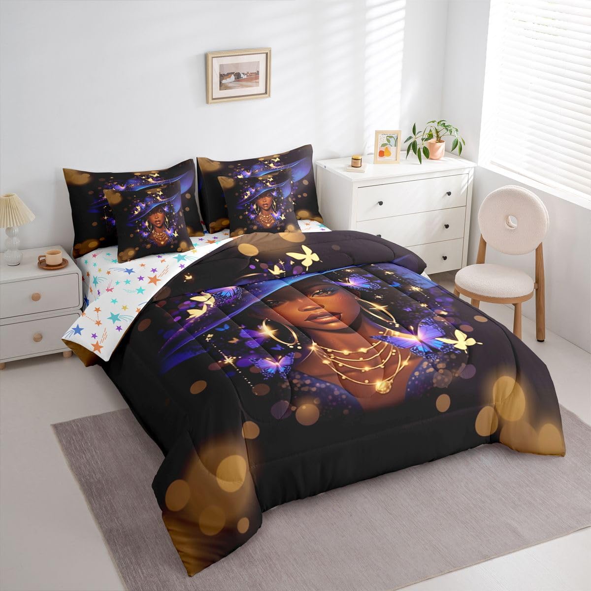 Erosebridal Black Girls Magic Queen Bedding Set Blue Witch Hat Comforter Set with Flat and Fitted Sheet Women Teen Vibrant Butterfly 7-Piece Bed in a Bag Stylish Luxury Gold Art Quilt Sets