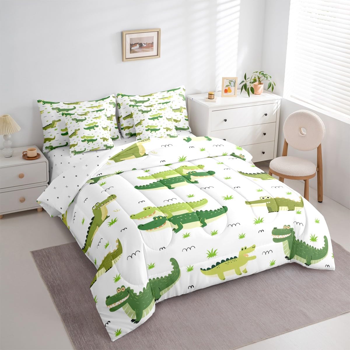 Erosebridal Crocodile 7 Piece Bedding Set King Grass Comforter Set with Sheets Hand Drawn Cartoon Crocodile Simple Bed in a Bag Cute Green Crocodiles Grassland for Kids Boys Girls