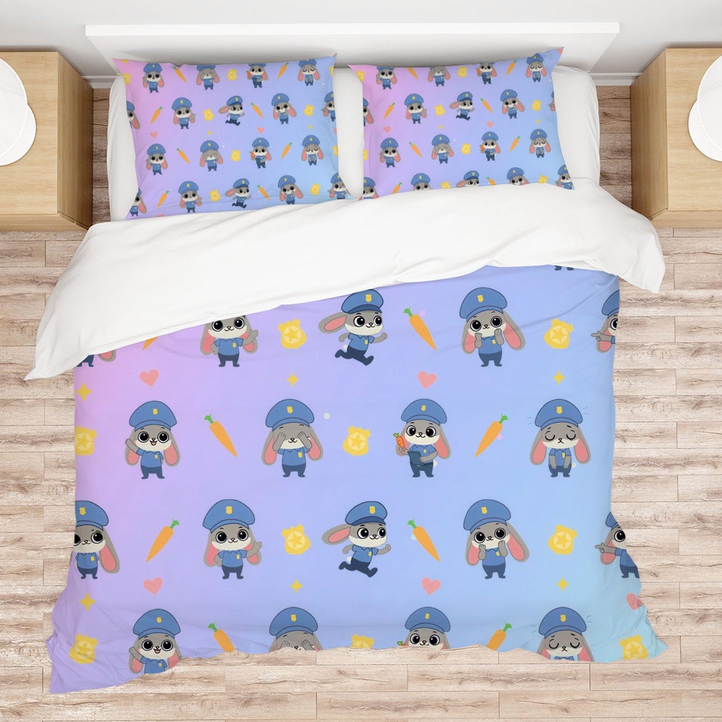 Allenjoy Cute Rabbit Carrot Police Animal World Comforter Set with 1 Pillowcase for Kids Boys Girls Teens Fans Bedroom Nursery Bedding Room Decor, Machine Washable, Twin Size