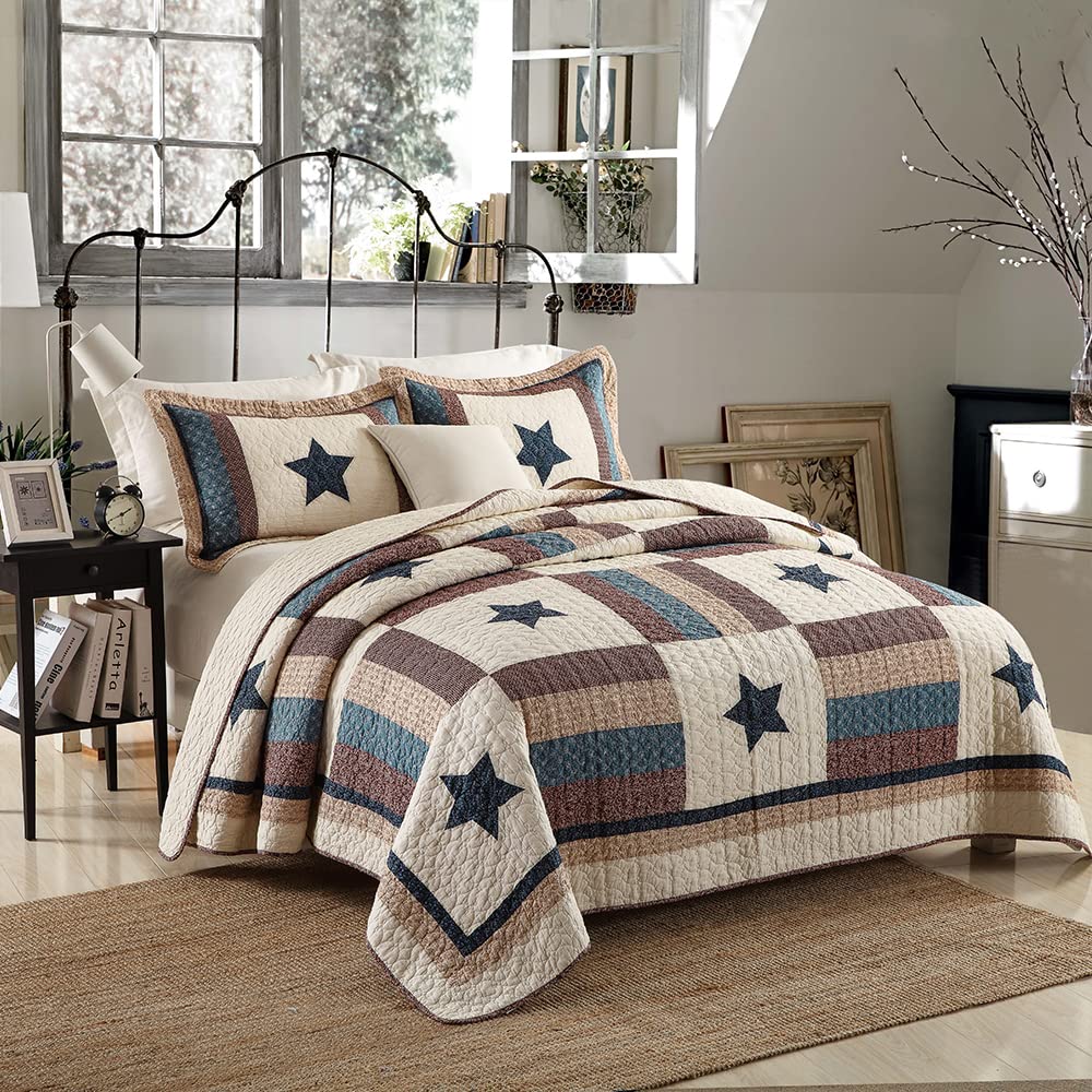 VISIMISI Cotton Bedding Quilt Sets 3 Pieces Reversible Coverlet Sets All Season Boys Real Patchwork Bedspread, MediterraneanStar Pattern,King Size