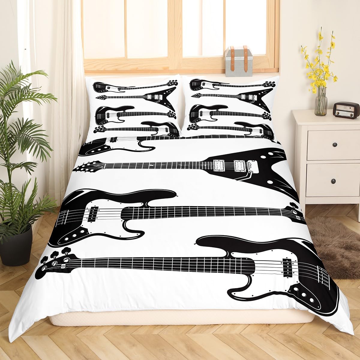 Feelyou Music Comforter Cover for Teens,Black and White Electrical Guitars Hippie Hipster Fashion Cool,Decorative 3 Pieces Bedding Set Queen Size(1 Duvet Cover Set & 2 Pillow Shams),Zipper