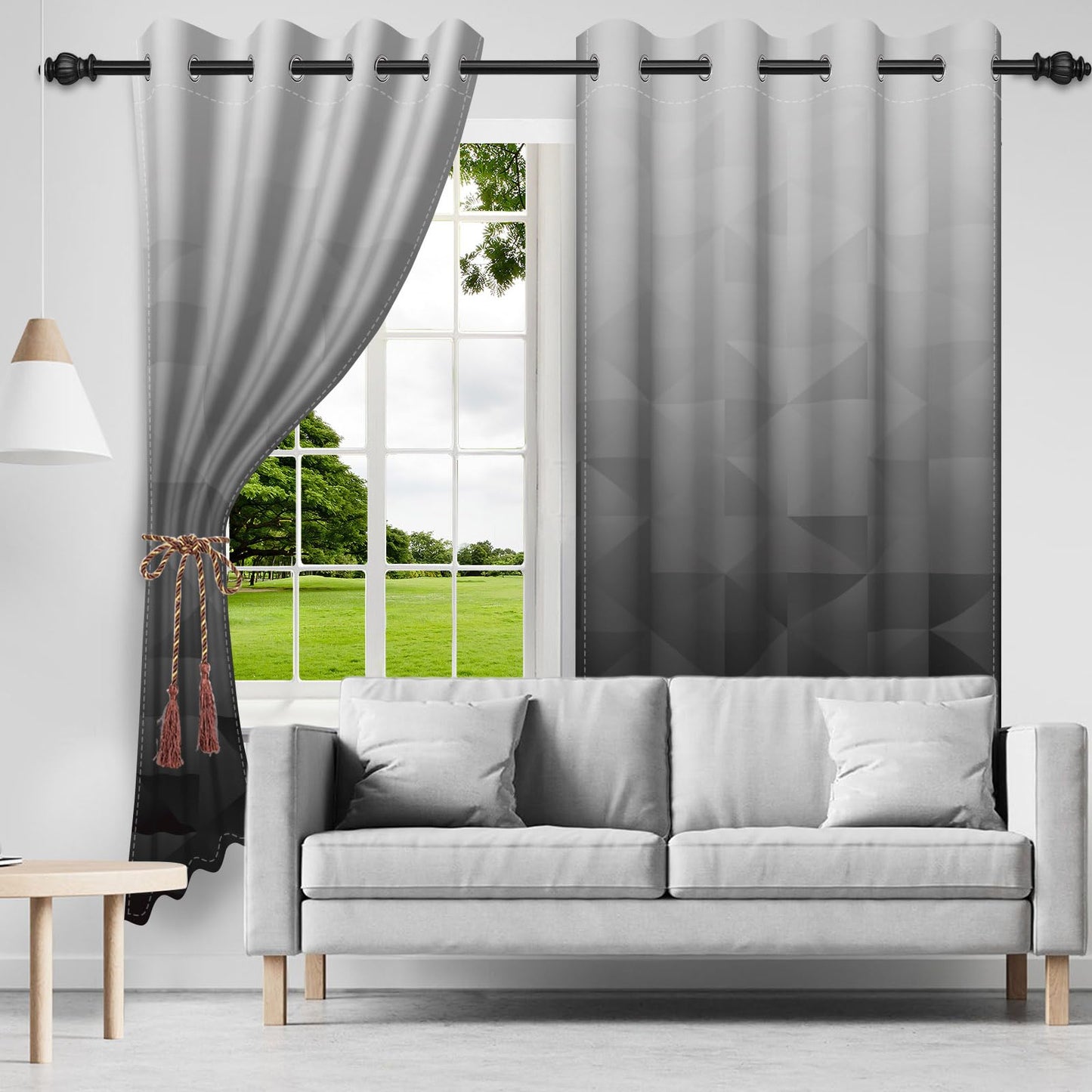 Xiazhilaio Gray Ombre Blackout Curtains 52 x 84 Inch, 2 Panels Gradient Geometric Print Drapes with Grommet Top, Modern Minimalist & Urban Style Window Treatment for Bedroom Living Room