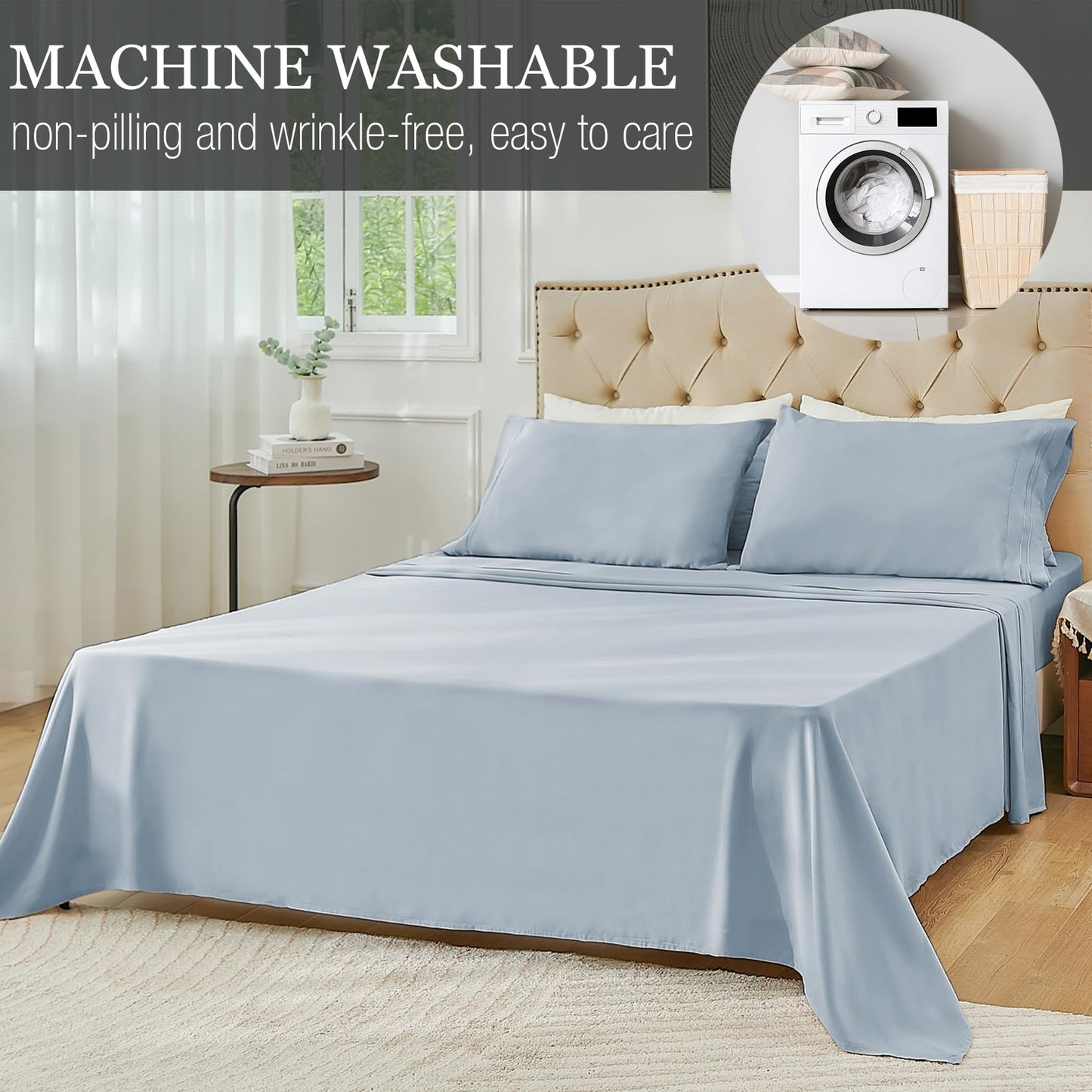 Yibeizi Queen Sheet Set Cooling Sheets Deep Pocket Queen Size Bed Sheets Set, Light Blue Soft Microfiber Oeko-Tex Sheets & Pillowcases Hypoallergenic Wrinkle Free Bedsheets