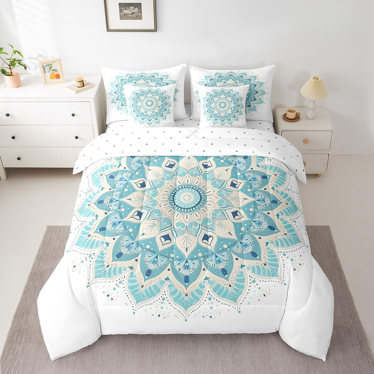 jejeloiu Hippie Mandala Comforter Set 7 Pieces Full Size Kids Boho Mandala Bed in a Bag for Boys Girls Bohemian Style Bedding Set Green,Comforter + Sheets + Pillowcases + Cushion Covers