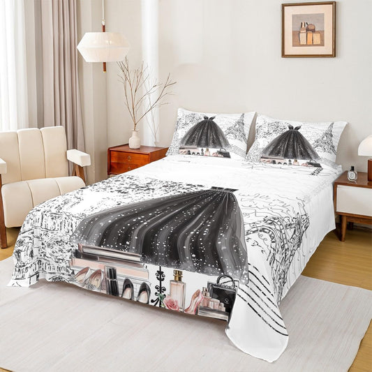 Erosebridal Fashion Girly Dress Sheet Set King Size Black White Eiffel Tower Paris Bed Sheets Perfume Modern Girls Women Sheets Romantic High Heels Makeup Bedding Set
