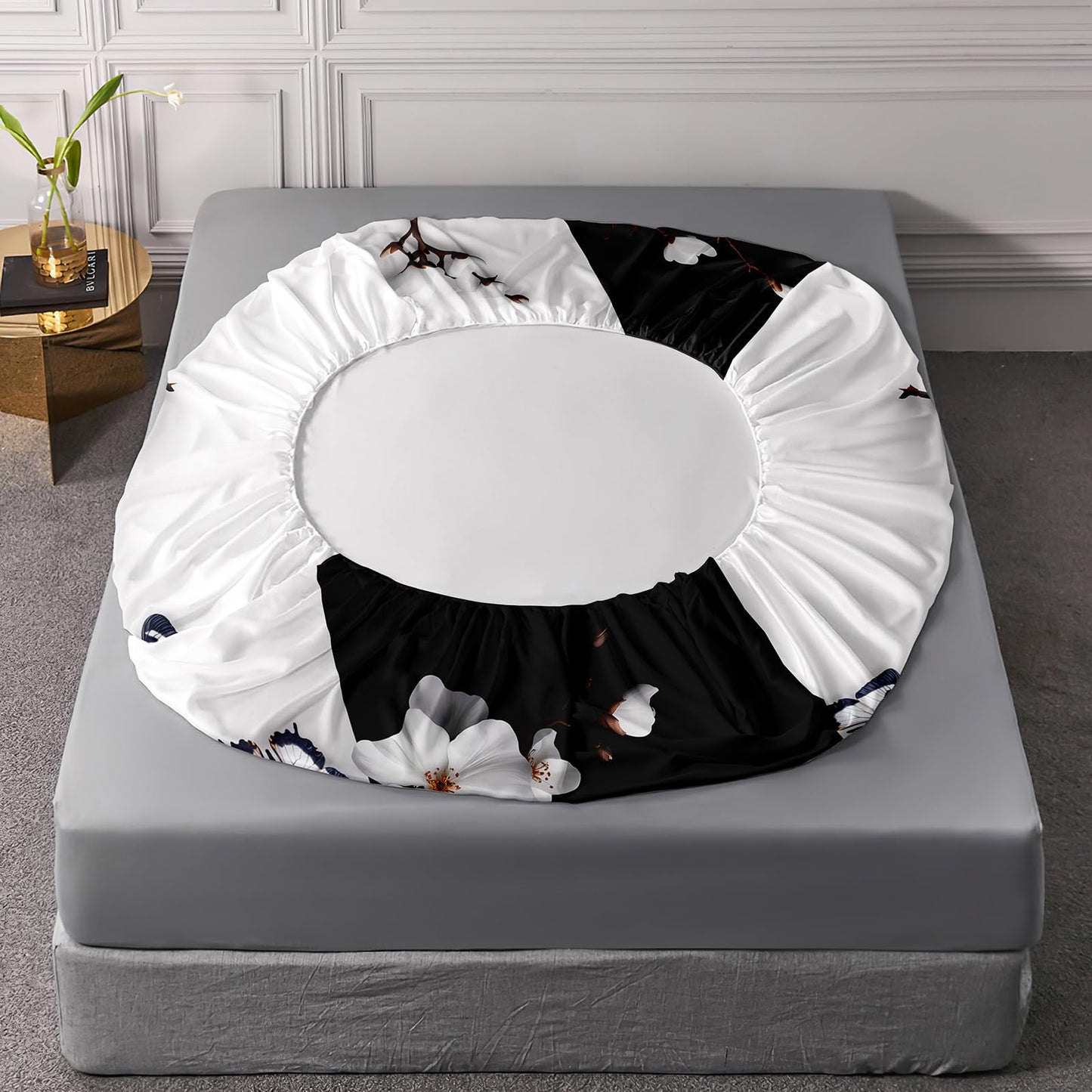AILONEN 3D Butterfly Fitted Sheet Set Queen Size,Black and White Bed Sheet Set for Girls Women,Beautiful Flower Butterfly Printed Fitted Sheet with 2 Pillowcases,3Pcs
