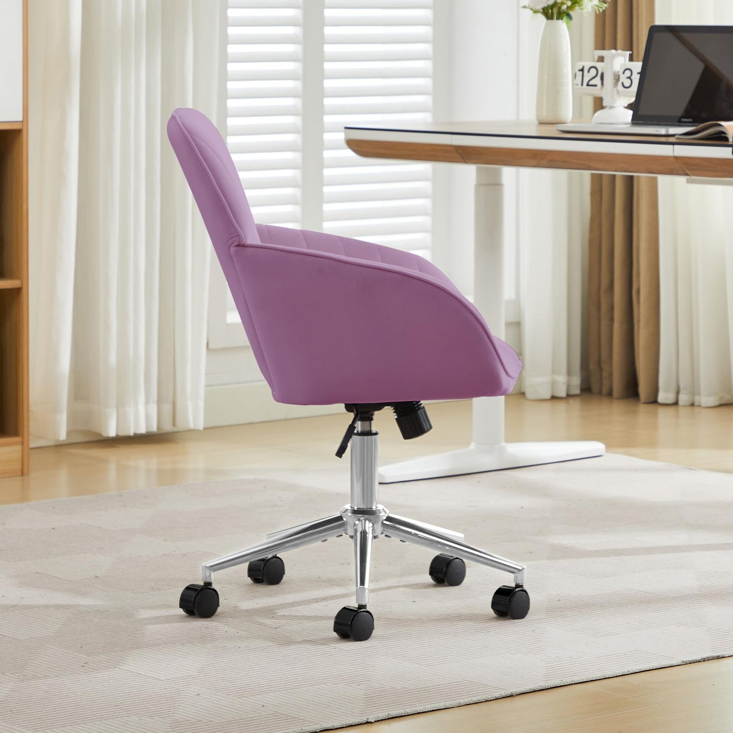 YITAI Velvet Office Desk Armchairs with Silver Base and Wheels,Modern Height Adjustable 360 Degree Swivel Upholstered Vanity Chairs for Living/Room Bedroom/Study,Light Purple