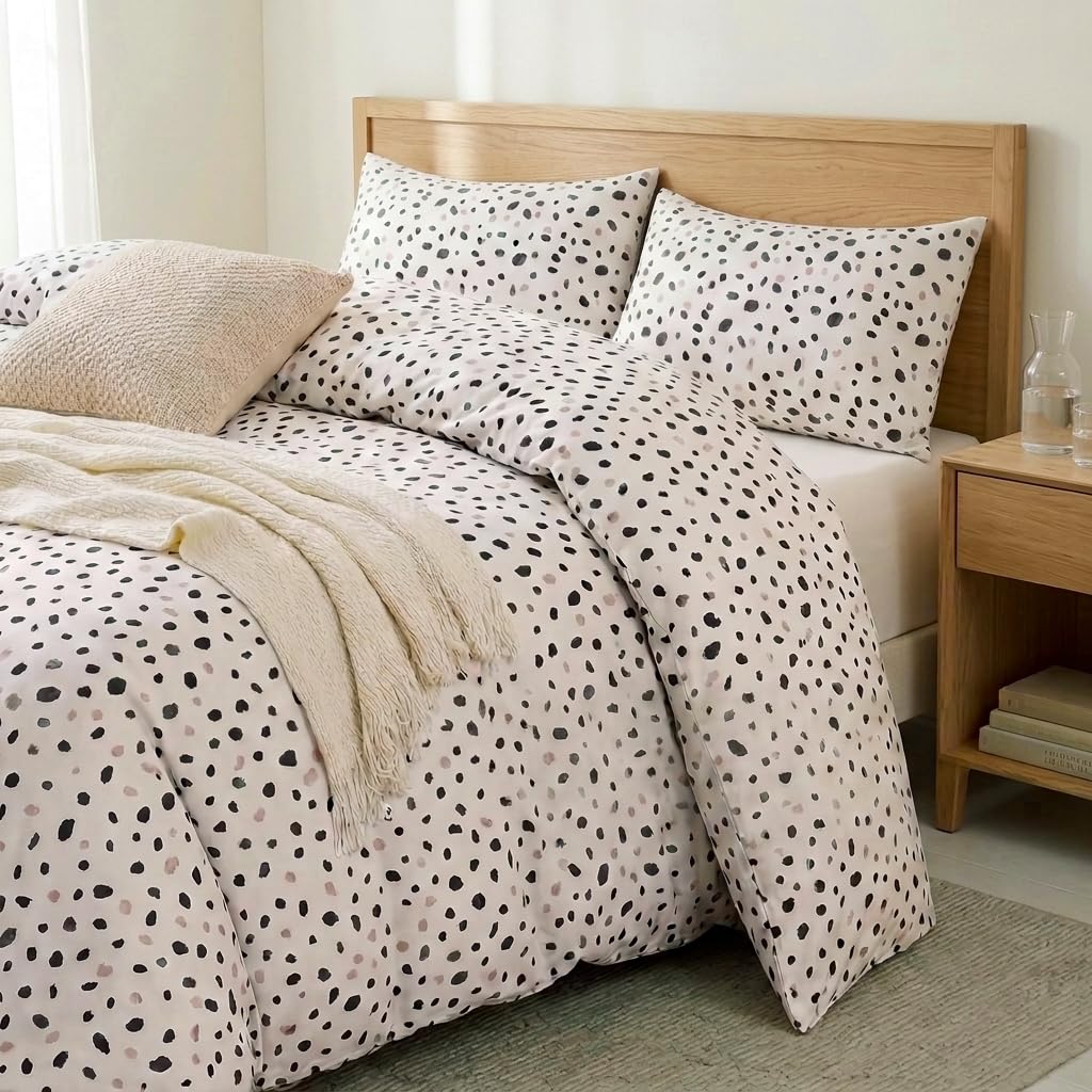 Cozaline 100% Cotton Duvet Cover Queen Size, Pink and Brown Dalmatian Spotted Bedding Set with Zipper Closure, Modern Irregular Speckled Comforter Cover with 2 Pillowcases for All Seasons