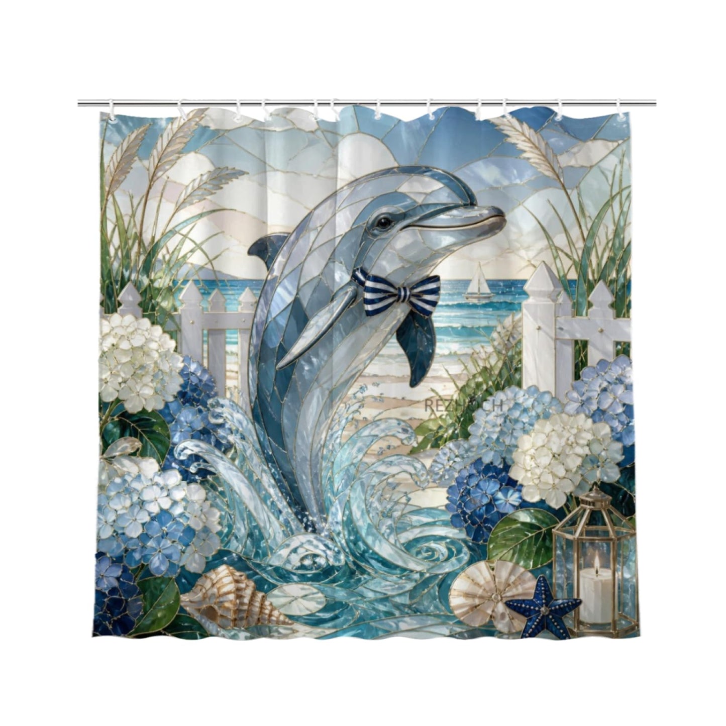 REZHOCH Coastal Fun Dolphin Shower Curtain 72x72Inch,Stained Glass Art Hydrangeas Flower Shells Picket Fence Bathroom Decor,Cute Animal Waterproof Bath Set Summer Beach Home
