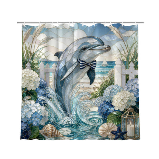 REZHOCH Coastal Fun Dolphin Shower Curtain 72x72Inch,Stained Glass Art Hydrangeas Flower Shells Picket Fence Bathroom Decor,Cute Animal Waterproof Bath Set Summer Beach Home