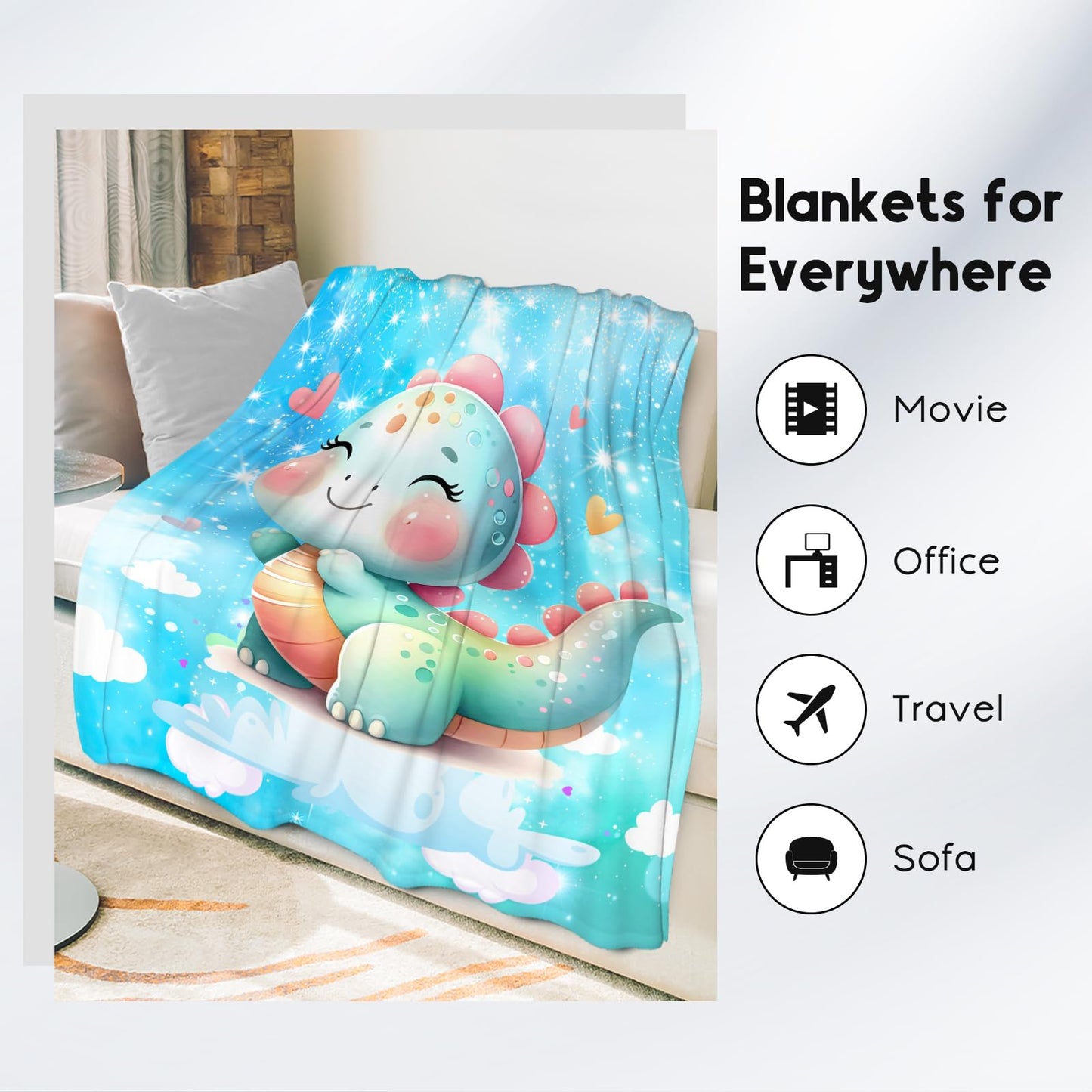 Dinosaur Blanket Dinosaur Gifts for Girls, Cute Blanket for Kids, Toddler Throw Fleece Comfy Flannel for Sofa Couch, 50"x60"