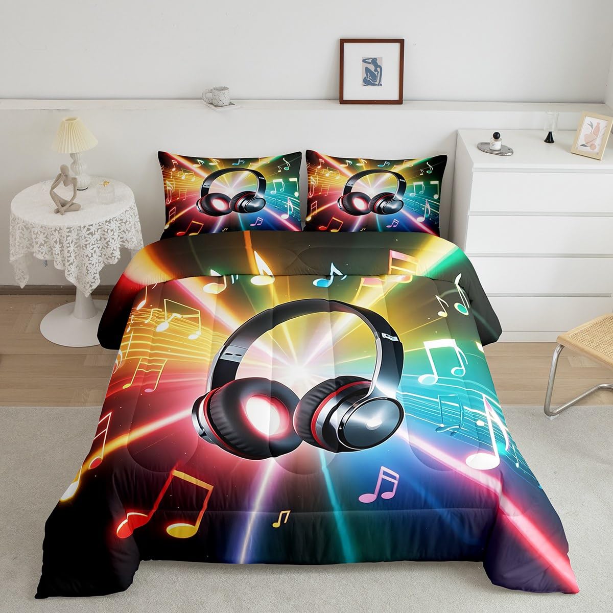 Erosebridal Headphone Comforter Set, Musical Note Hipster Bedding Set for Kids Boys Girls Teens, Rock Hip Hop Grunge Style Duvet Set Headset Bling Bedding Comforters Bedroom Decor, Twin Size