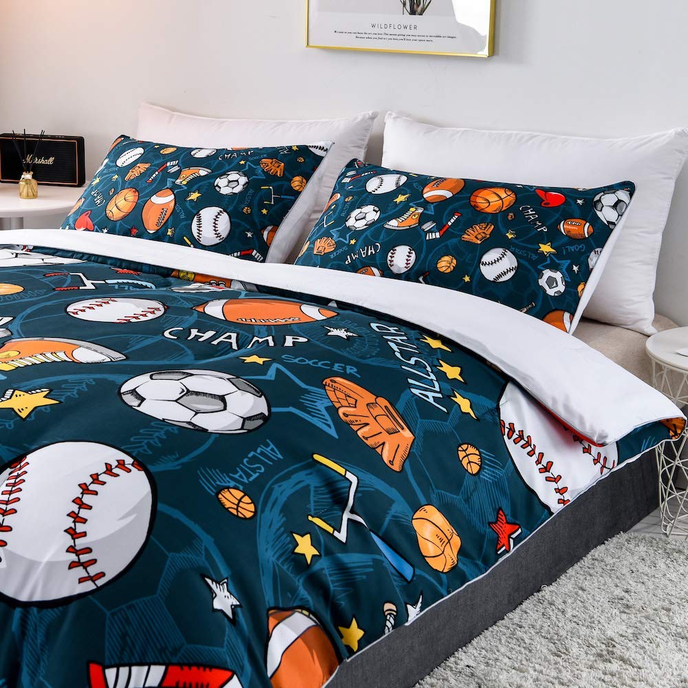 SHOMPE Sports Comforter Sets Bed in A Bag Full Size,3D Soccer Basketball Baseball Football Theme Quilt Set for Kids Boys Children Fans Bedding Decorative