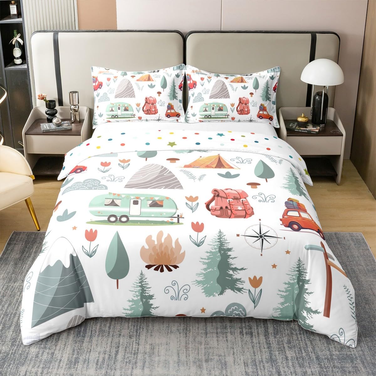 Kids Camper Theme 100% Cotton Duvet Cover Twin, Happy Camping Bedding Set, Travel Car Rv Accessories Comforter Cover, Botanical Flowers Mountain Adventure Quilt Cover, Cute Camper Bedspread Cover