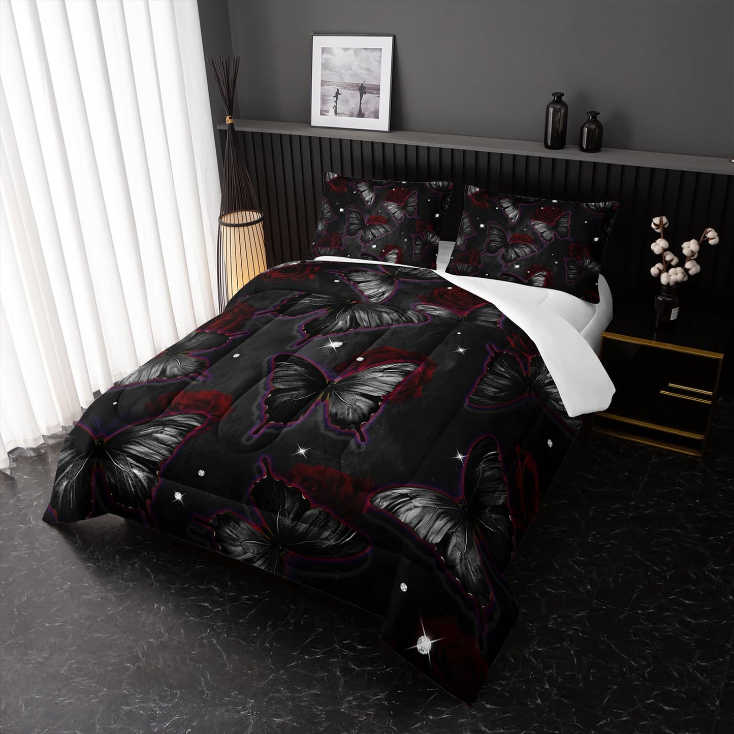 Black Butterfly Comforter Sets Twin Size, Black Butterfly Flowers 3D Animal Pattern Kids Bedding Sets for Girls Teens 3 Piece Bedroom Decor Comforter with 2 Pillowcases