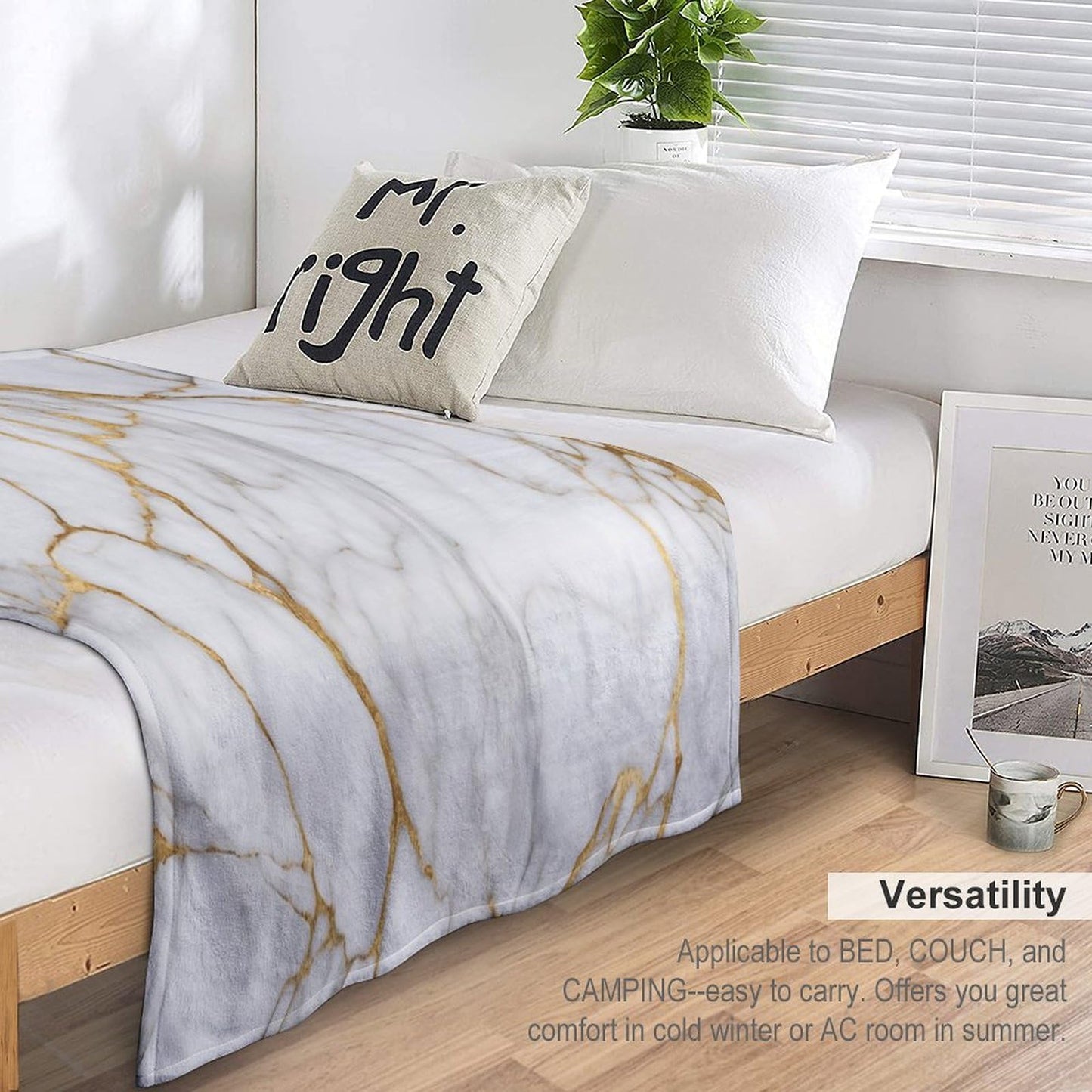 Marble Throw Blanket for Bed Sofa, 40"x50" Super Soft Warm Cozy Fluffy Plush Blanket, Modern Abstract Foil Texture White Gold Marble Flannel Couch Blanket for Travel Camping