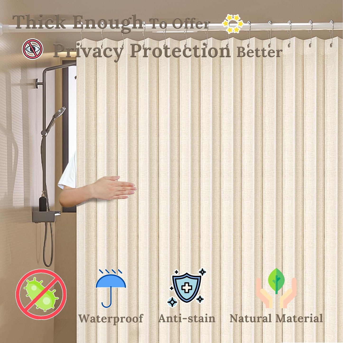 South to East Waterproof Shower Curtain for Bathroom, Folding Fabric Shower Curtain with Magnets, No Liner Required, 72x72 Inch Heavy Duty Thick Magnetic Shower Curtains, Stainless Steel Hooks, Beige