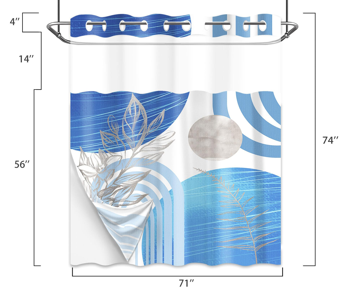 Yieldeer Boho Blue and White Hookless Shower Curtain, 71" W X 74" L