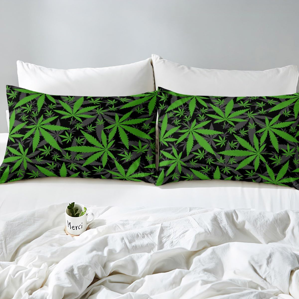 Marijuana Leaf Duvet Cover Teens Cannabis Print Comforter Covers Green Gray Botanical Branches Bedding Set for Boys Girls Youth Adults Queen with 2 Pillow Shams Marijuana Weed Leaves Bedspread Cover