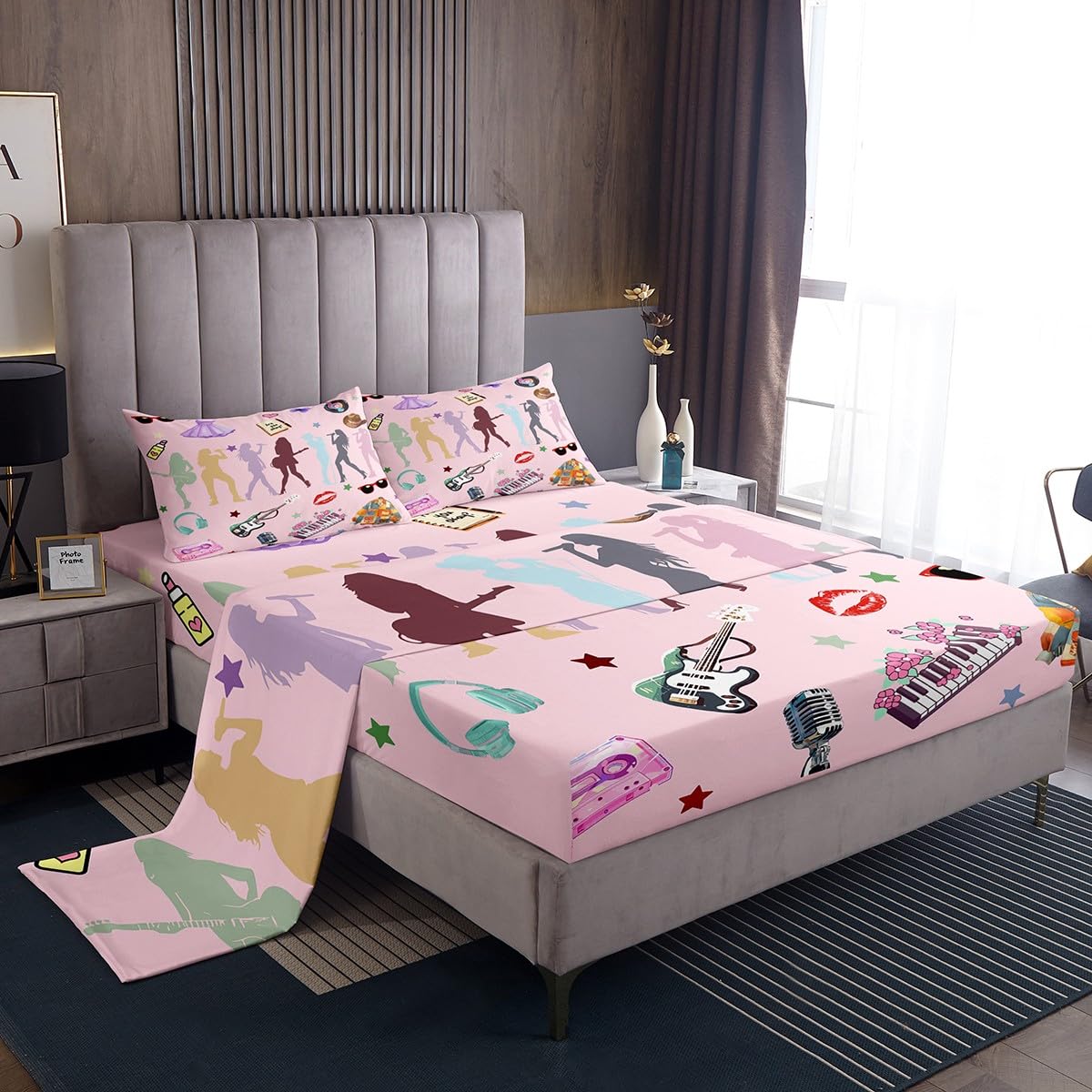 Erosebridal Pink Music Themed Bed Sheets King Girly Guitar Keyboard Sheet Set for Kids Boys Girls Disco Ball Snake Floral Sheets for Music Lovers Stylish and Modern Gifts Fitted Flat Sheets 4 Piece