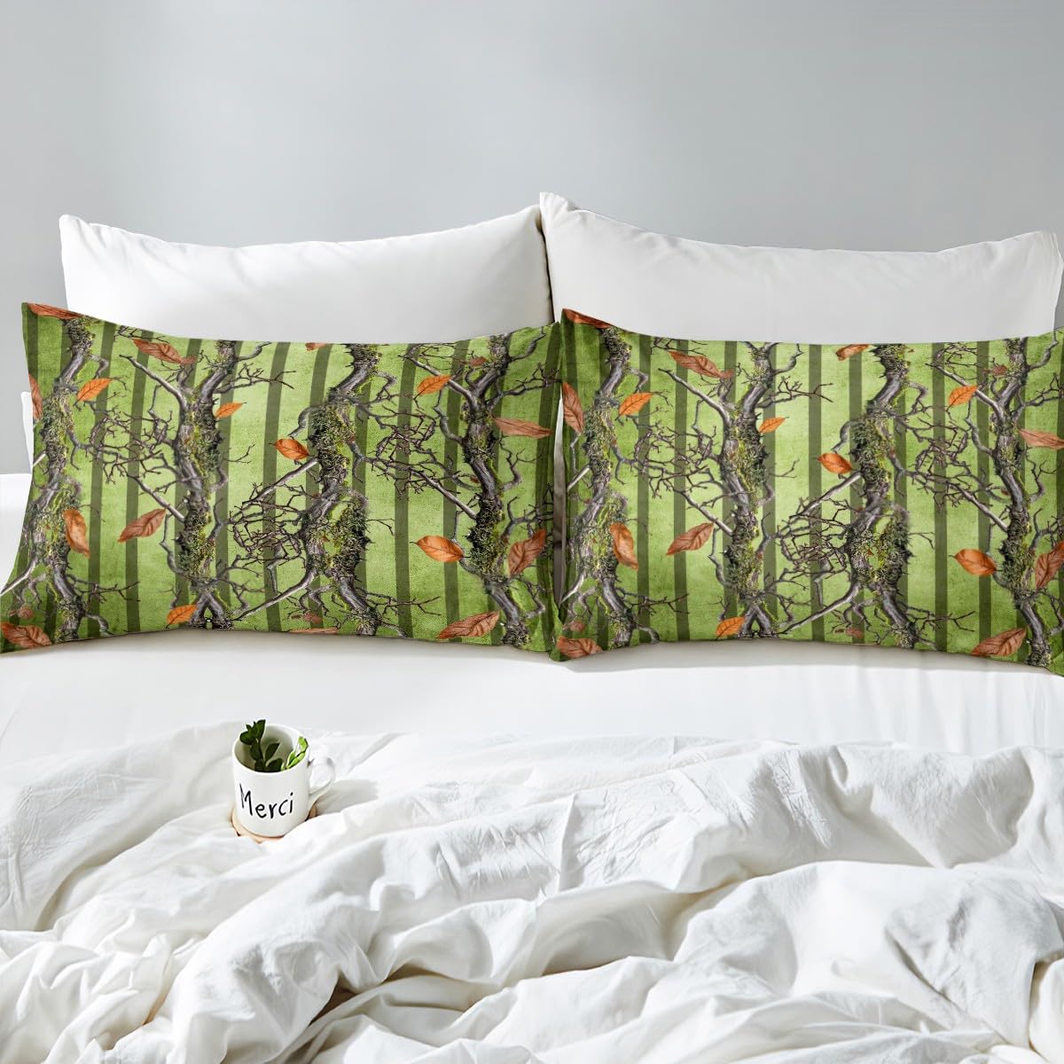 Tree Branches Kids Fitted Sheet Twin Size,Wild Hunting Adventure Cabin Bedding Set,Boys Girls Room Decor,Jungle Botanical Leaves Rustic Nature Bed Cover,Green Bed Sheet,1 Pillowcase(No Top Sheet)