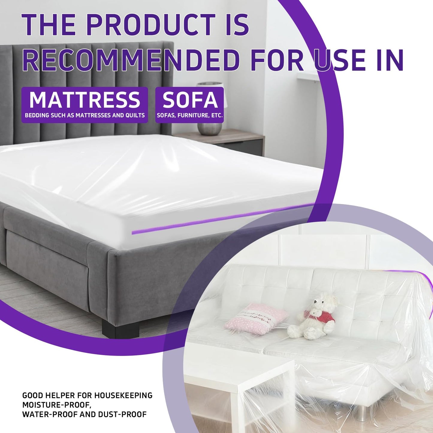 Gooo&Ma 6Mil Heavy Duty Mattress Bag for Moving & Storage - Waterproof Zippered Mattress Cover, Tear-Proof Dust-Proof Reusable Plastic Encasement, Fits Up to 14 Inch Mattress（Full、Purple）