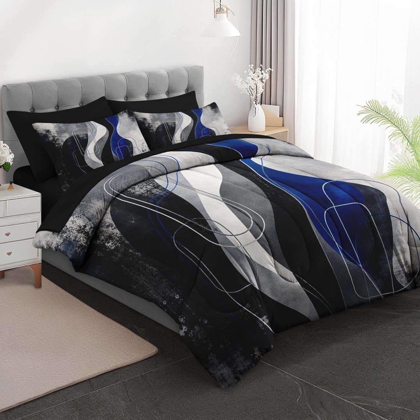 Boewywh Comforter Set Twin Size Abstract Modern Blue 7 Pcs, Bedding for Kids and Adults, Bed Sheet Sets with Fitted Sheet 2 Pillowcases & 2 Shams for Bedroom Bed Decor