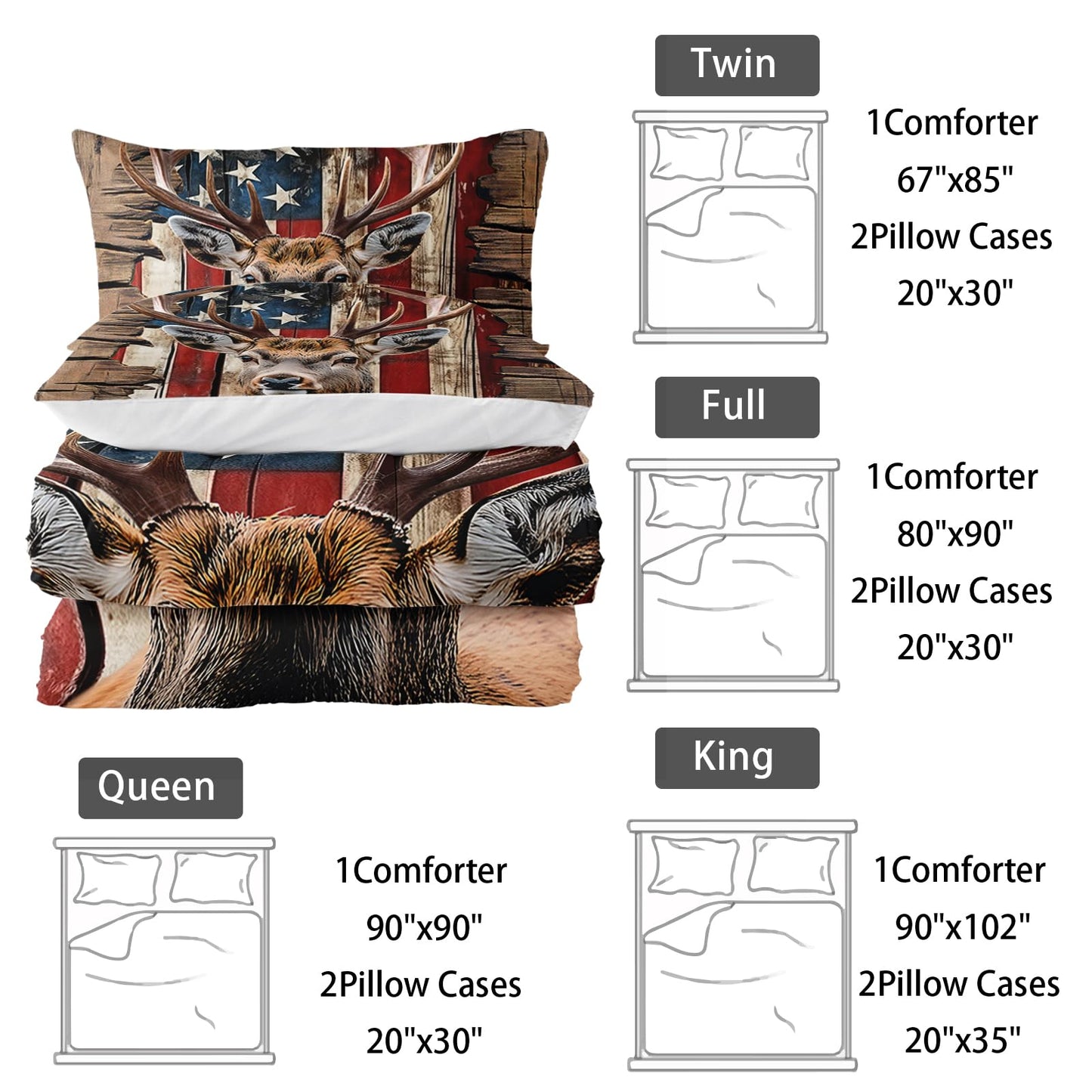 Nttopship Deer Hunting Comforter Sets Twin Size,American Flag Bedding Set 3 Piece for Girls Women Teens Adult Kids Boys,Woodland Moose Wildlife Room Decor Comforter Set with 2 Pillowcases