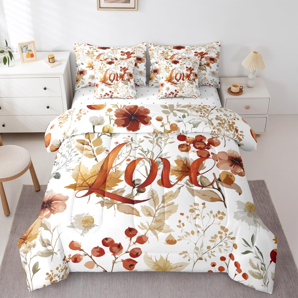 jejeloiu Fall Harvest Comforter Set Twin Size 7 Pieces Autumn Harvest Theme Bedding Set Autumn Leaves Bed in a Bag with Comforter, Sheets, Pillowcases, Cushion Covers Bedroom Decor