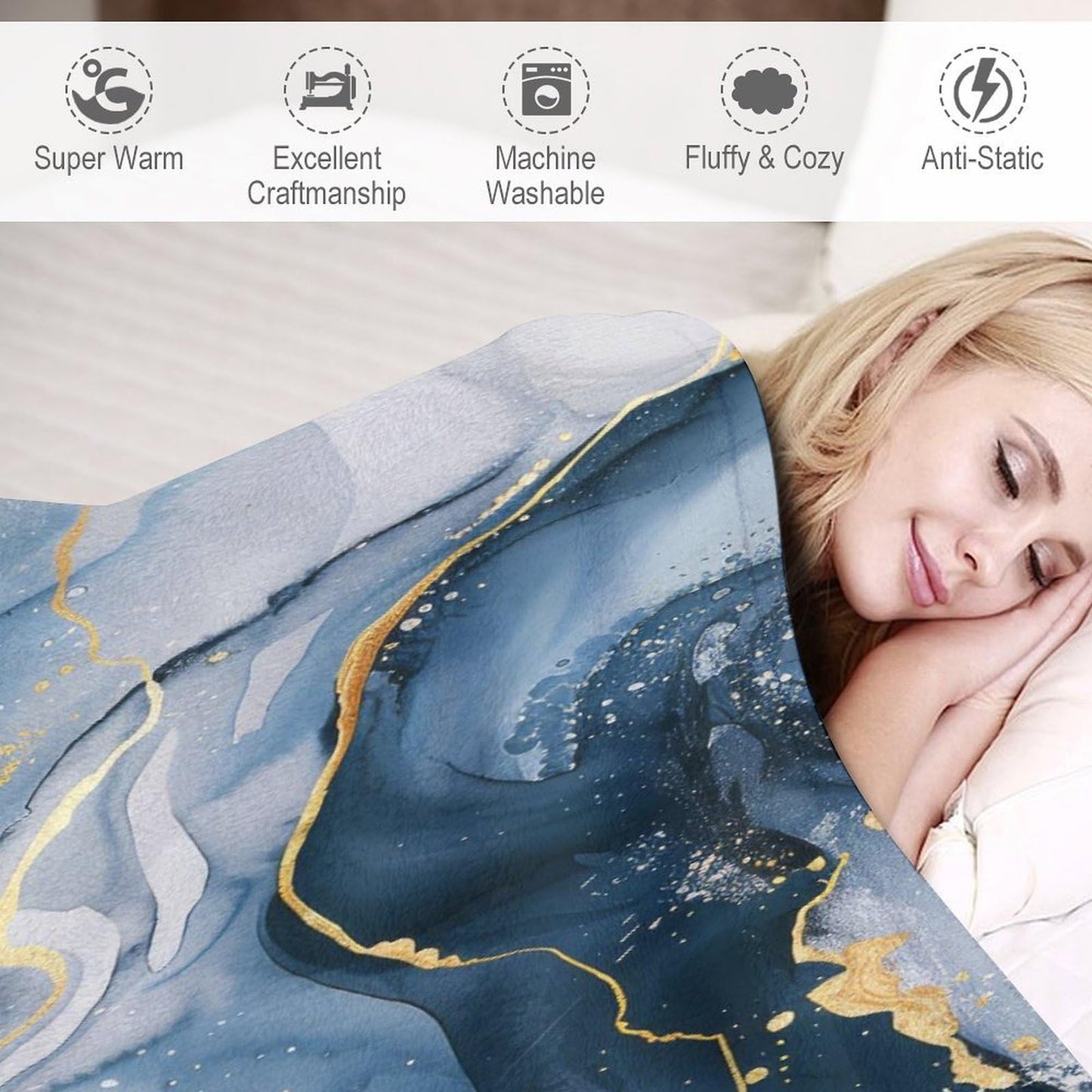Marble Throw Blanket, Modern Abstract Foil Stone Texture Gold Navy Blue Marble Super Soft Fuzzy Fluffy Blanket for Couch & Bed, Cozy Sofa Warm Blanket for Travel Camping 40"x50"