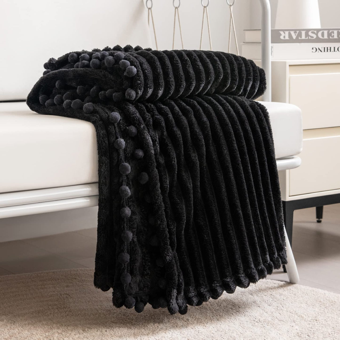 DISSA Fleece Blanket Throw Size – 51x63, Black – Soft, Plush, Fluffy, Fuzzy, Warm, Cozy – Perfect Throw for Couch, Bed, Sofa - with Pompom Fringe - Flannel Blanket Throw Blanket