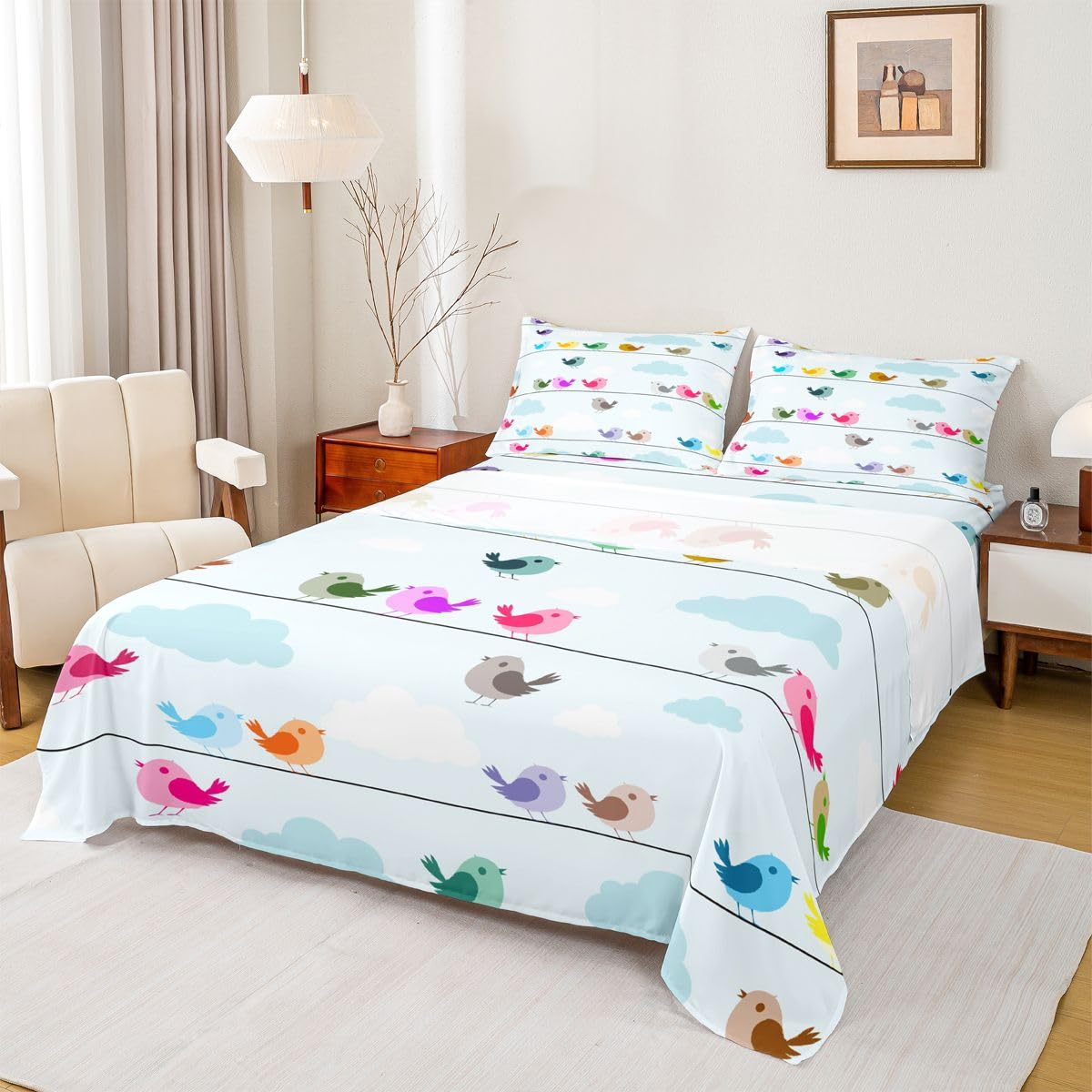 Erosebridal Kids Bird Bedding Sets King Size,Boys Girls Cute Cartoon Animals Bed Sheet Set Colorful Lovely Birds Sheet Set,Blue Sky White Clouds Fitted Sheet + Flat Sheet + 1 Pillow Case