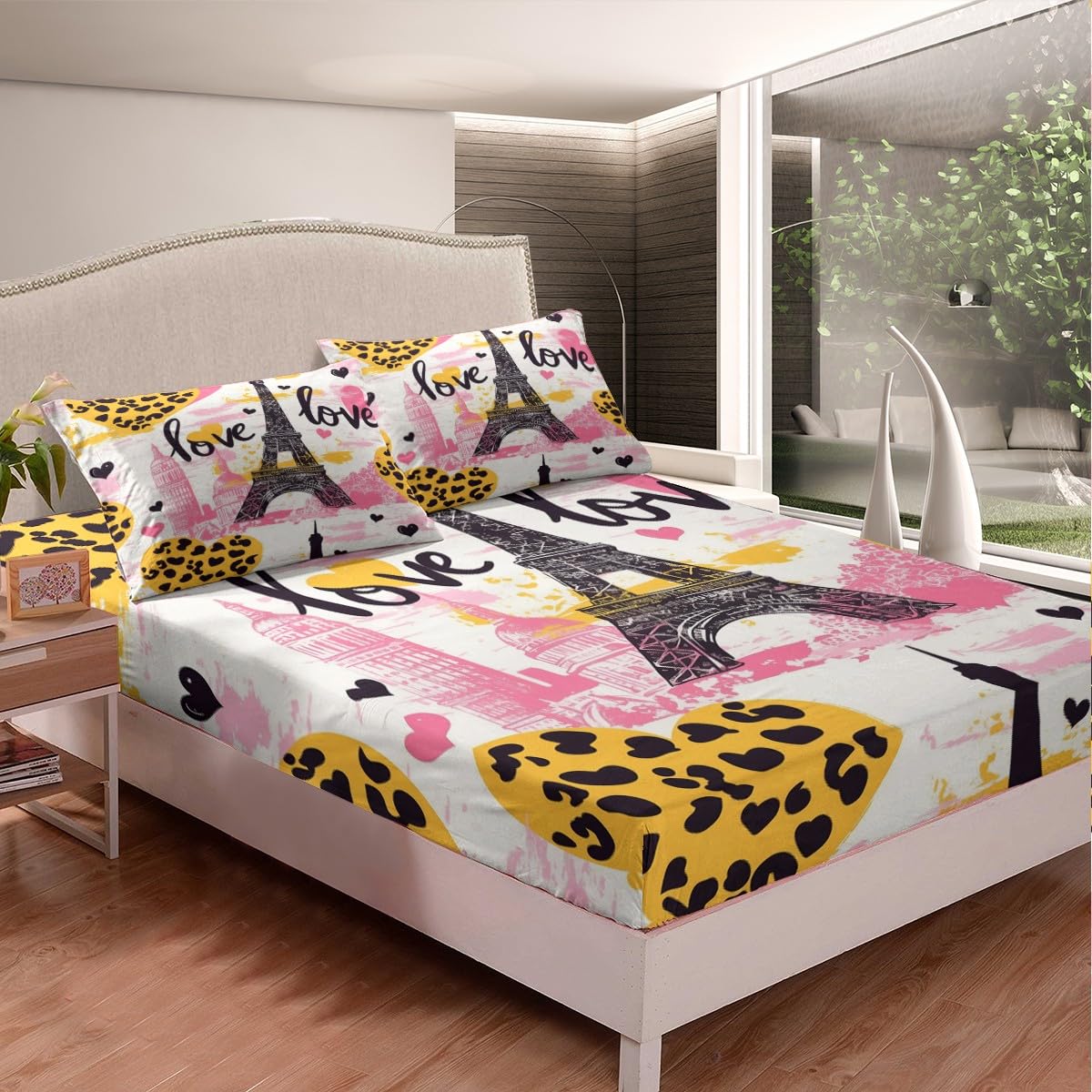 Eiffel Tower Fitted Sheet Full Size,Leopard Hearts Graffiti Bedding Set,Romantic Paris Bed Sheet 3 Pieces (No Flat Sheet),Modern Building Silhouette Deep Pocket Shee,2 Pillowcases