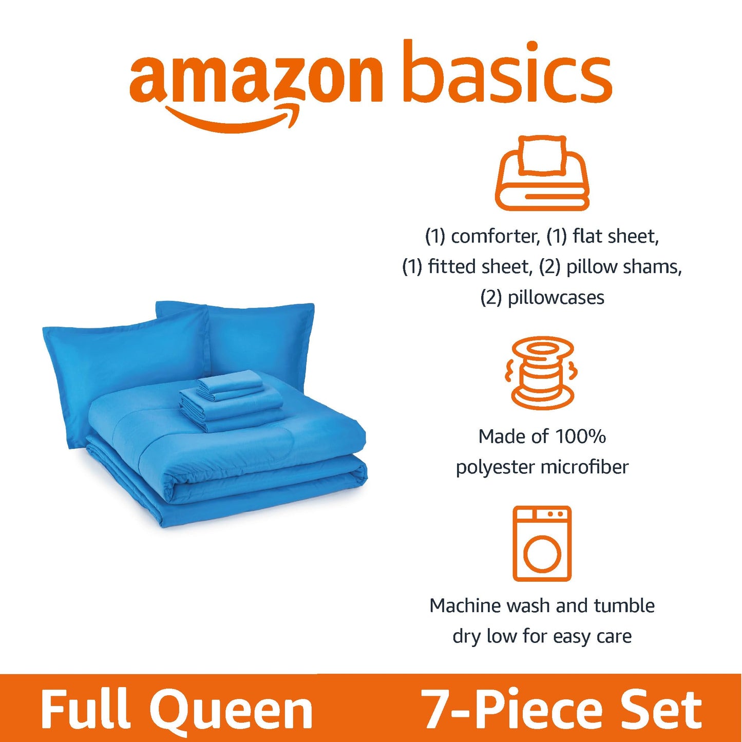 Amazon Basics 7-Piece Soft, Easy-Wash Microfiber Kid's Bed-in-a-Bag Bedding Set with Sheet and Comforter, Full/Queen, Blue, Soft Solid