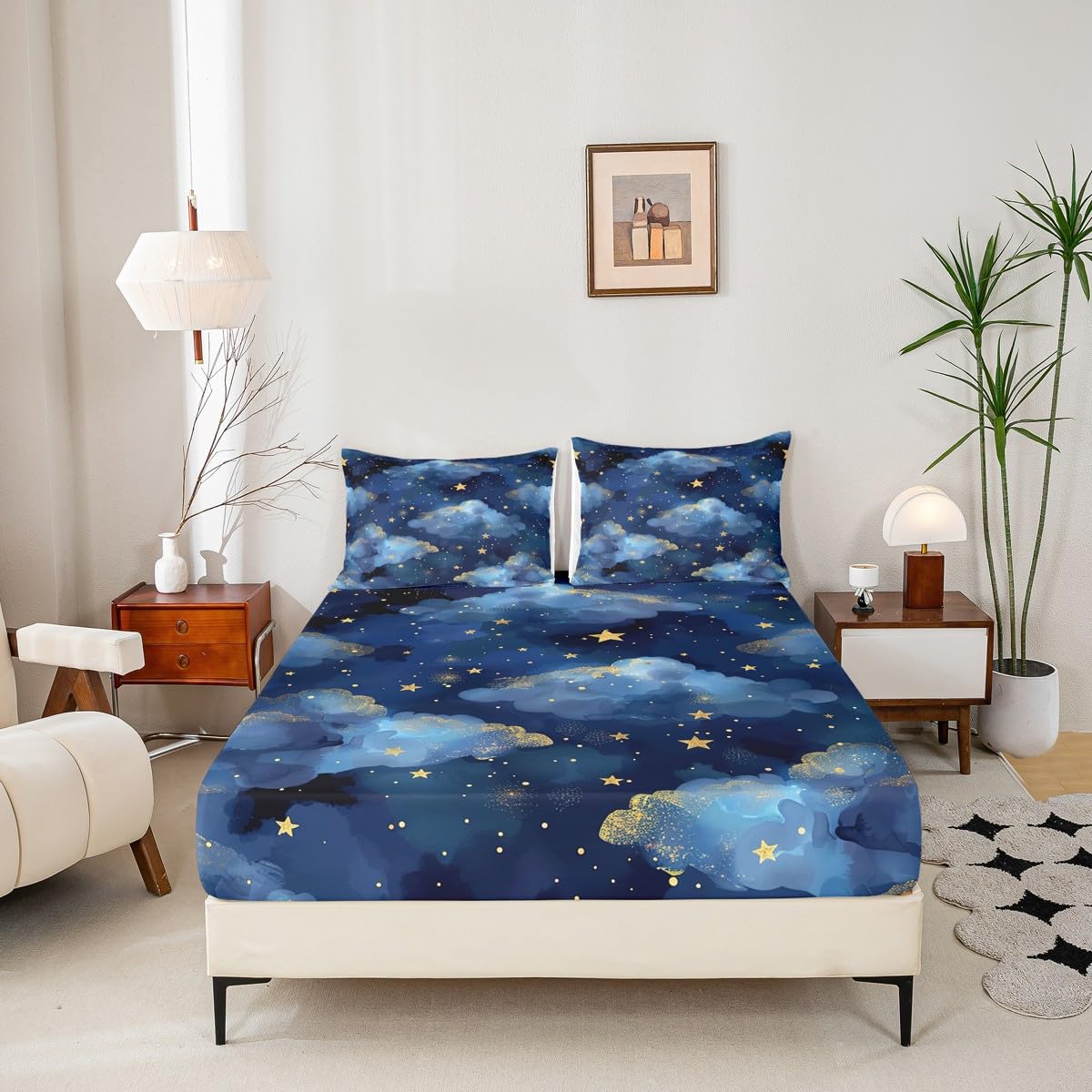 Castle Fairy Night Sky Sheet Set Trippy Starry Galaxy Bedding Set Ombre Blue Cloud Bed Sheets Teens Room Decor Navy Blue Bed Set (Twin Flat Sheet & Fitted Sheet with 1 Pillow Case)
