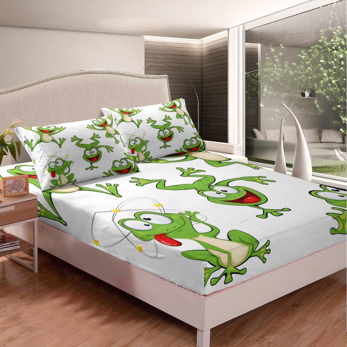Feelyou Kawaii Decor Frog Bed Sheets Set Boys Cartoon Animal Theme Sheet Set for Kids Teens Ultra Soft Nature Sheets with Deep Pocket Fitted Sheet Funny Cartoon Frog Bedding Set Room Decor Full Size