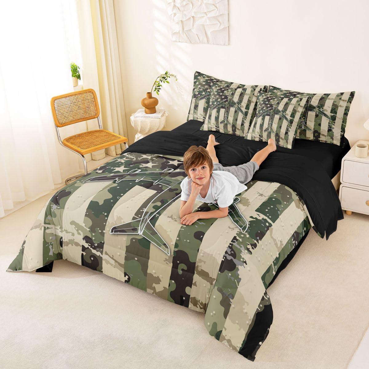 Erosebridal 7 Pcs Camo American Flag Comforter Set Twin Camouflage Military Aircraft Bedding Set for Boys Kids Teens Men Army Green Airplane Bed in A Bag with Sheets Vintage Patriotic Plane Bed Sets