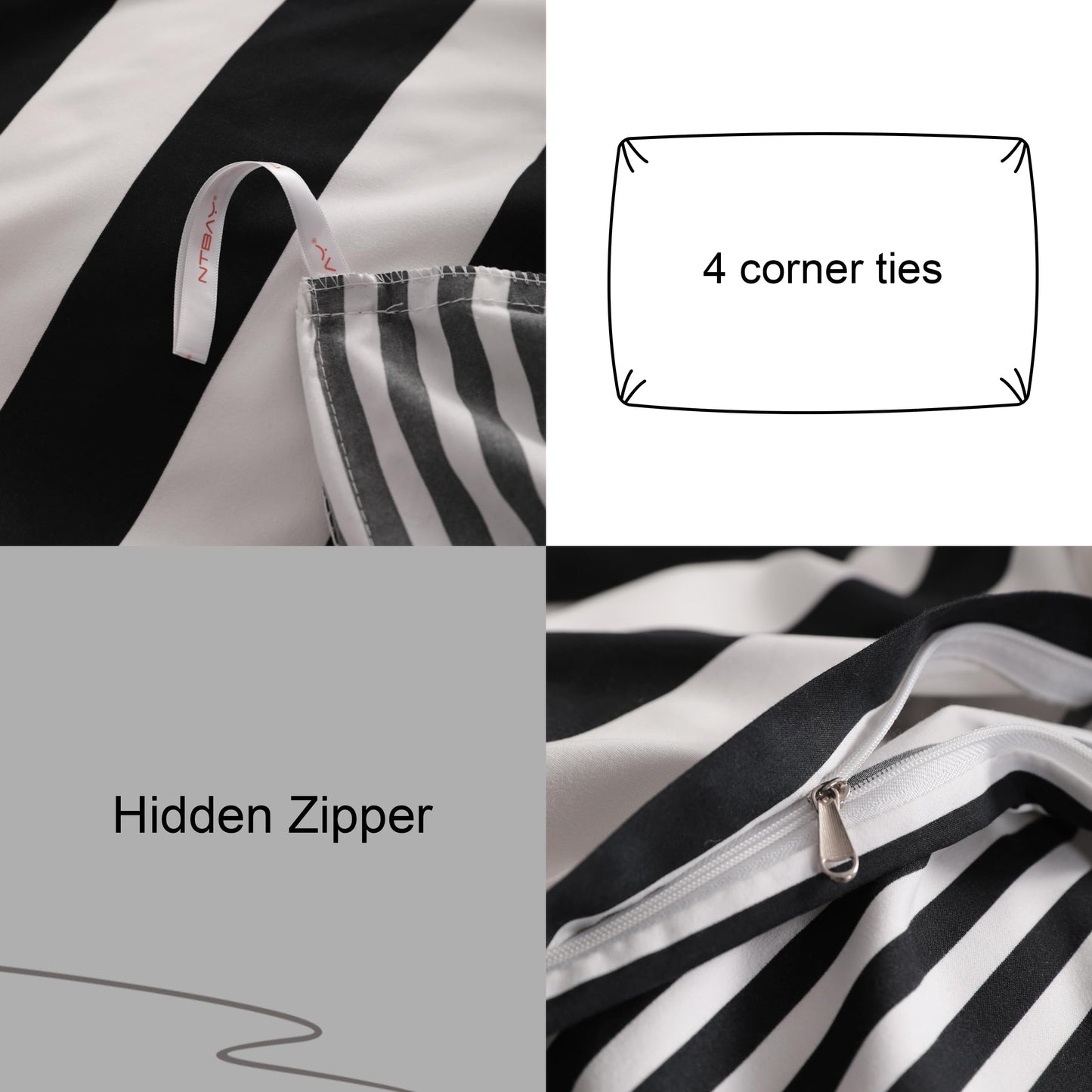 NTBAY 3 Pieces Duvet Cover Set Queen Size, Reversible Zipper Comforter Cover with 4 Corner Ties and 2 Pillow Shams, Soft Brushed Microfiber Comforter Cover Set with Black and White Striped Printed